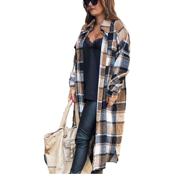 Women's Flannel Plaid Shacket Fall Oversized Long Button Down Shirt Jacket Shack